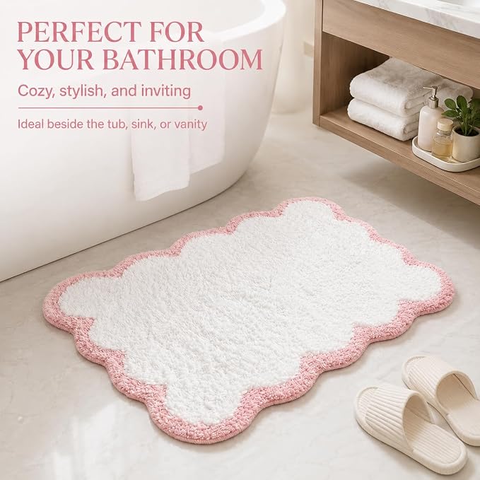 Scalloped Pink Bath Rug, Cute Bathroom Rug, Soft Absorbent Quick Dry Bath Mat, TPR Non Slip Backing, Microfiber Mat for Shower Tub Sink Vanity 20" x 31.5"