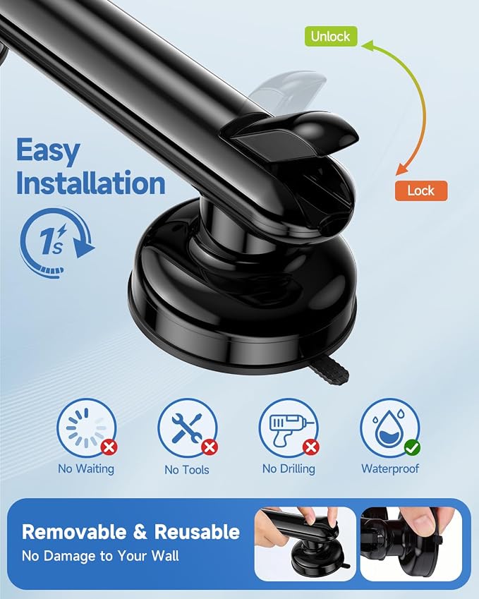 2 Pack Suction Cup Grab Bars for Bathtubs and Showers, 11 Inch Bathroom Safety Grip No Drilling & Waterproof, 230lbs Shower Handle Removable Bath Handrails for Seniors and Elderly, Black