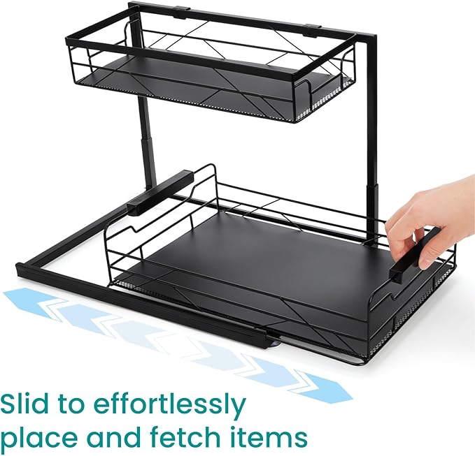 Pull Out Under Sink Organizer, 2 Tier Under Sink Storage with Suction Cups, PVC Mat, Sliding Drawer, Metal Cleaning Supplies Shelf Cabinet Organizer for Kitchen, Laundry, Pantry, Bathroom