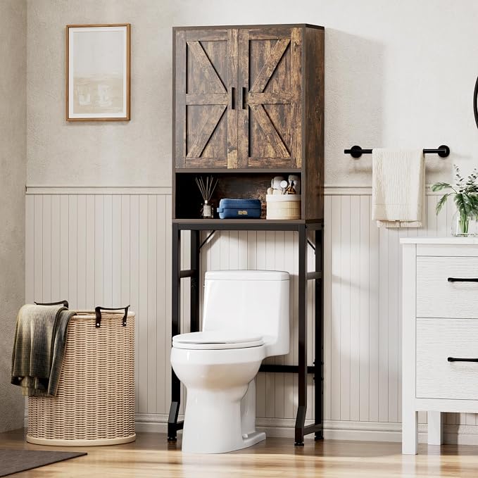 USHOWER Over The Toilet Storage Cabinet, Bathroom Organizers and Storage with Barn Doors, Thicken Metal Stand & MDF Wood Above Toilet Storage Cabinet, Freestanding Space Saver, Brown