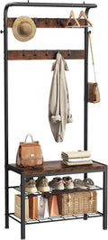 Hall Tree with Bench and Shoe Storage, 4-in-1 Entryway Organizer with 10 Hooks and Storage Shelf,Coat Rack Freestanding with 2-Tier Storage Shelf for Living Room, Deep Rustic