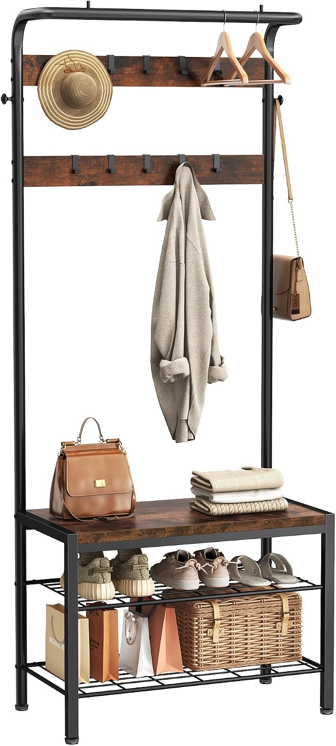 Hall Tree with Bench and Shoe Storage, 4-in-1 Entryway Organizer with 10 Hooks and Storage Shelf,Coat Rack Freestanding with 2-Tier Storage Shelf for Living Room, Deep Rustic