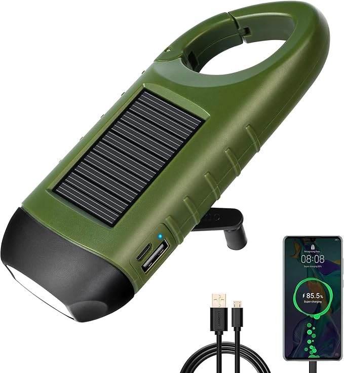 SEANCHEER Hand Crank Solar Powered Flashlights,Compact Emergency USB Rechargeable LED Flashlight Handheld Survival Flashlight,Quick Snap Carbiner Dynamo Flashlight for Outdoor,Sports,Hiking-Green