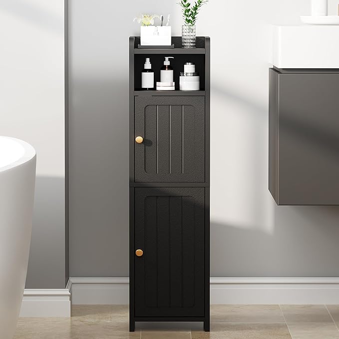 BEWISHOME Small Bathroom Cabinet, Bathroom Storage Cabinet with Adjustable Shelves & 2 Doors, Narrow Toilet Paper Cabinets, 7.9" D x 7.9" W x 31.5" H, for Small Spaces, Black YYG03B