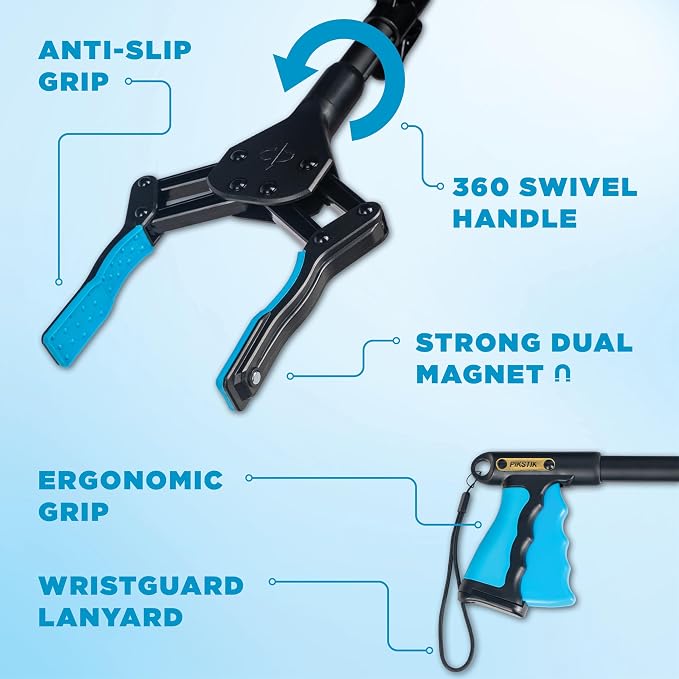 36 Inch Folding Grabber Reacher Tool - Heavy Duty Trash Picker Upper & Post Surgery Recovery Mobility Aid for Seniors - Strong Blue Gripper with Magnetic Tip, Long Reaching Stick