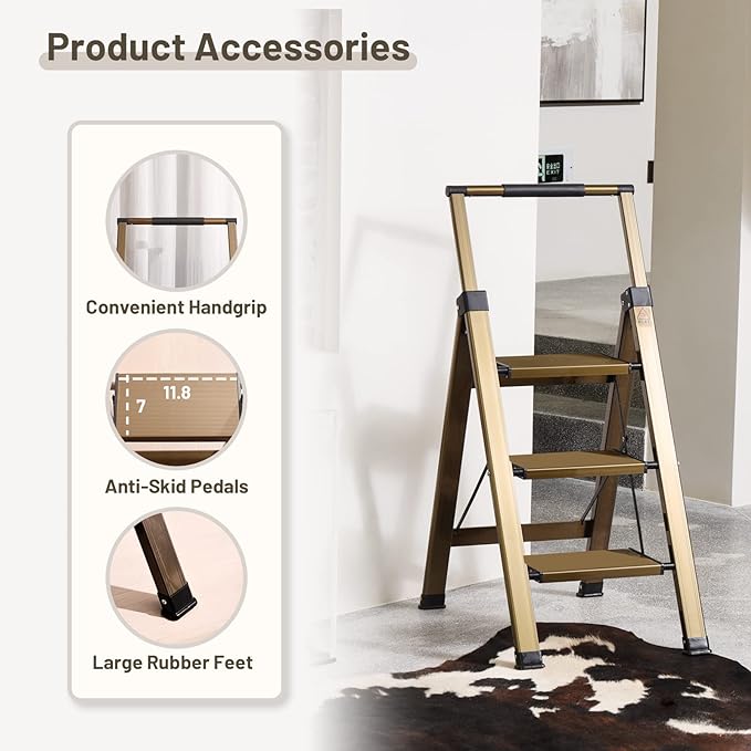 XinSunho 3 Step Ladder, Aluminum 3 Step Stool with Retractable Handrail and Anti-Slip Wide Pedal, Folding Stool Ladders 3 Steps, 330lbs Safety Household Slim Ladder