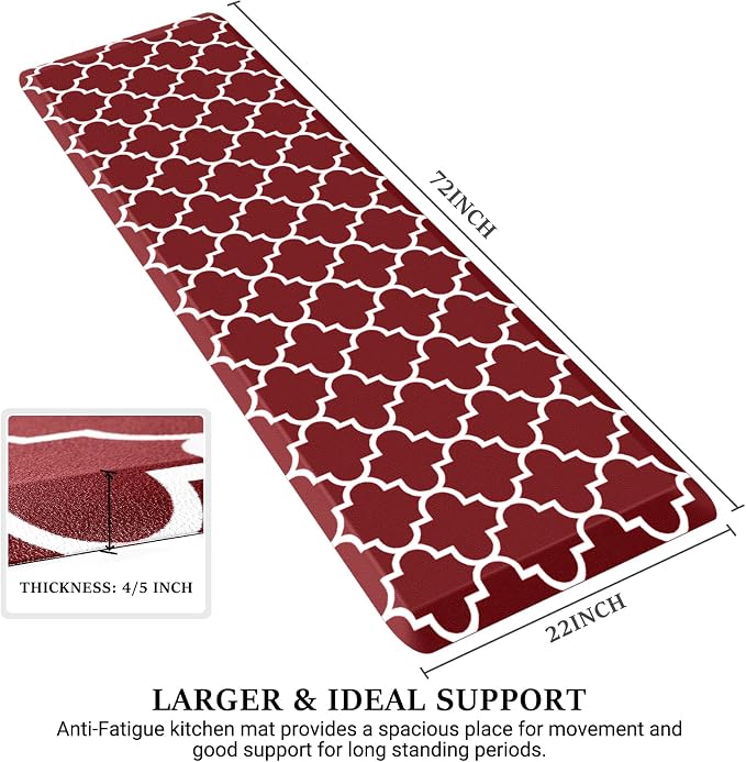 WISELIFE Anti Fatigue Floor Mat - 4/5 Inch Thick Kitchen Mat Non Slip Waterproof Heavy Duty Ergonomic Comfort Mat Durable for Home, Office, Sink, Laundry,(22" x 72", Red)