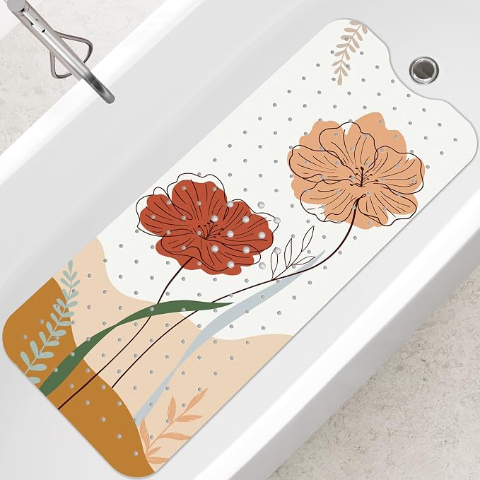 SHUCHING Boho Flower Bath Mat for Tub Non Slip-40 X 16 Inch, Non Slip Bathtub Mat for Elderly Mold Free, Long Shower Mat for Inside Shower, Machine Washable