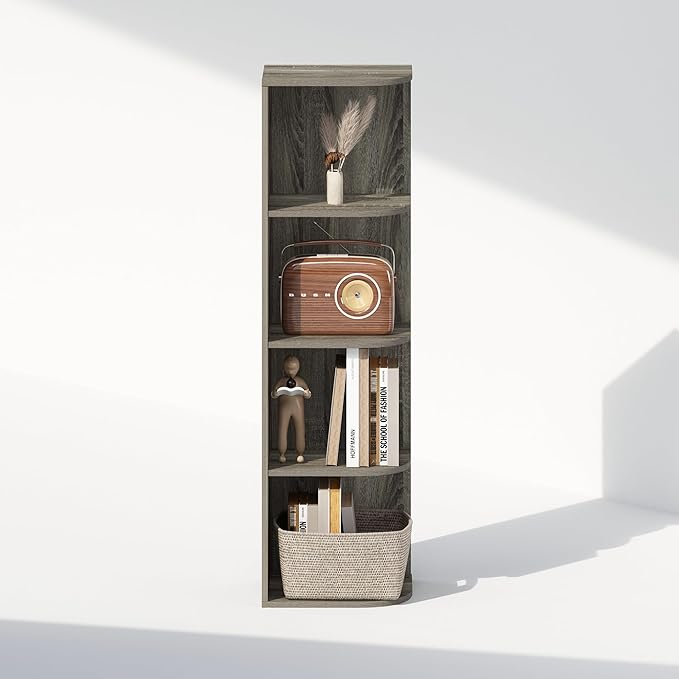 Furinno Reed Corner Shelf, 4-Tier Corner Bookshelf, Book Shelf, Corner Shelves, Storage Rack, for Organization and Storage, Home Office, Living Room, French Oak