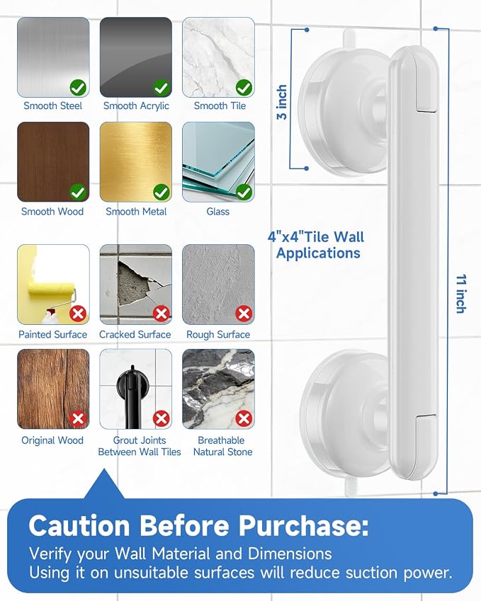2 Pack Suction Cup Grab Bars for Bathtubs and Showers, 11 Inch Bathroom Safety Grip No Drilling & Waterproof, 230lbs Shower Handle Removable Bath Handrails for Seniors and Elderly, White