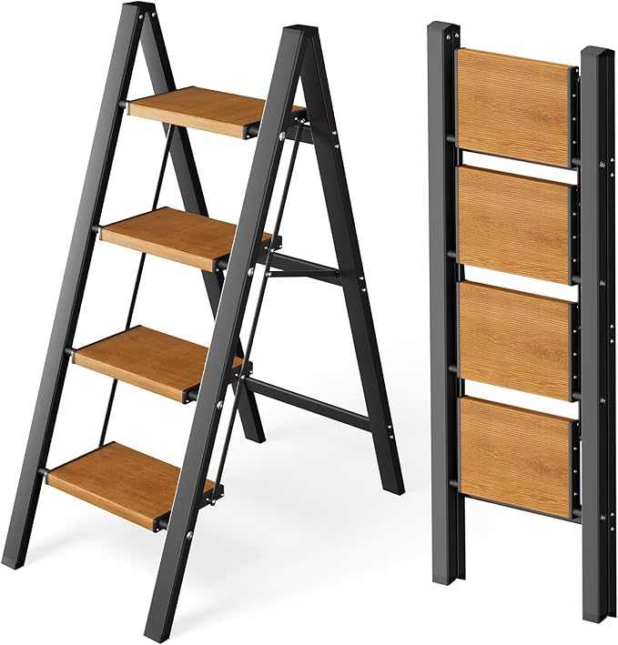 Taranta 4 Step Ladder,Aluminum Lightweight Folding 4 Step Stool with Anti-Slip Wide Pedal, 330lbs Capacity Step Ladder for Household,Kitchen,Office - BlackWoodgrain