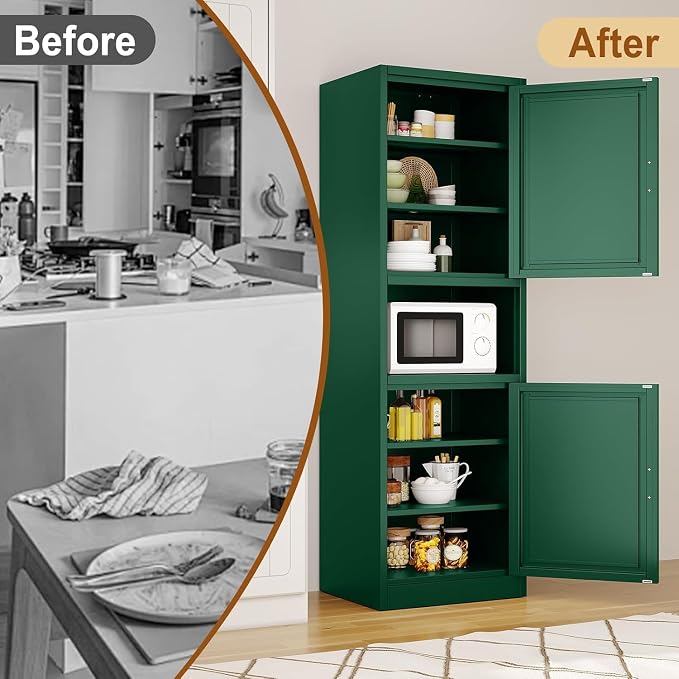Tall Metal Narrow Bathroom Storage Cabinet 67" H, Tall Green Pantry Cabinets with 4 Adjustable Shelves and 2 Doors for Kitchen, Home Office, Living Room, Dining Room(20 inches Wide)