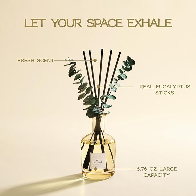 COCORRÍNA Fig Blossom Reed Diffuser – 6.76 oz Essential Oil with 8 Reeds & Real Eucalyptus Sticks, Home Fragrance for Bedroom or Bathroom Décor