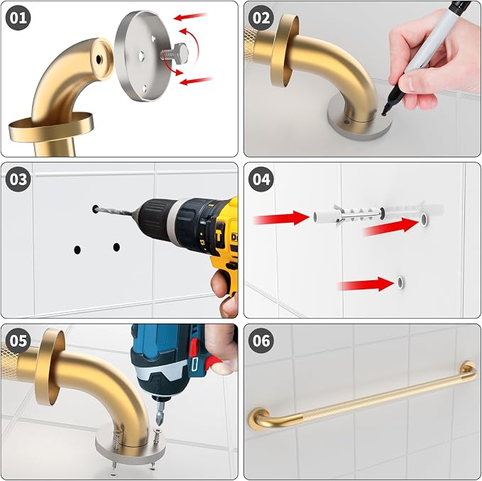 36 Inch Brushed Gold Grab Bars for Shower with Anti-Slip Knurled Grip,YuanDe Stainless Steel Bathroom Grab Bars, Shower Handrail Support, Handicap Elderly Balance Assist Handles