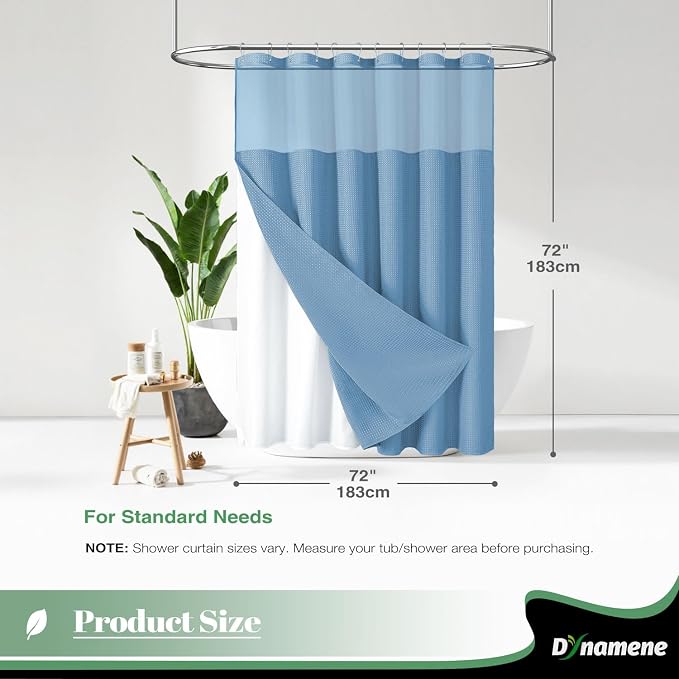 Dynamene Fabric Shower Curtain with Snap in Liner, Waffle Hotel Shower Curtains for Bathroom, Washable Waterproof Cloth Shower Curtain Liner Set with Hook, Mesh Top Window, 72x72, Moonlight Blue