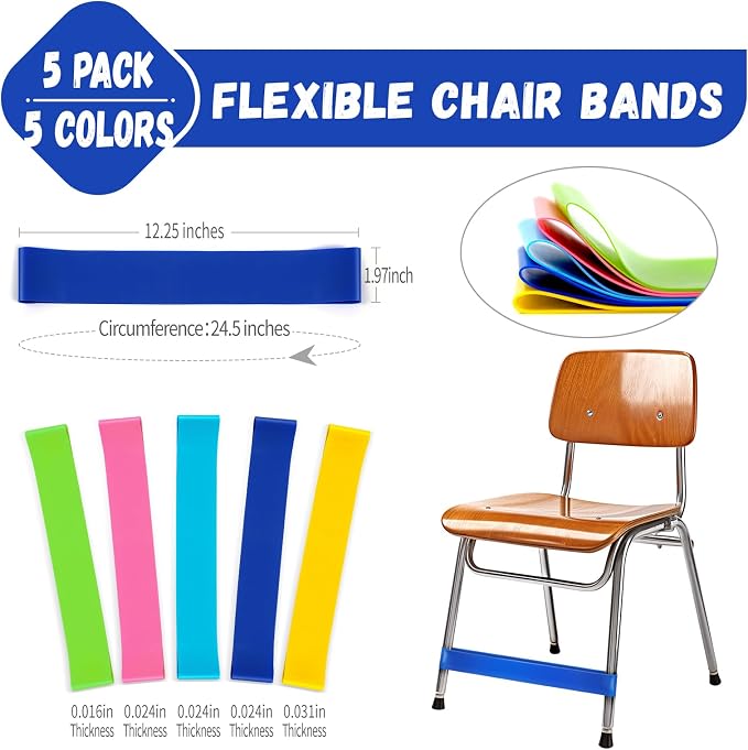 5 Pack Chair Bands for Kids with Fidgety Feet, ADHD Tools for Kids, Improve Focus & Reduce Restlessness, Chair Bands for Sensory ADHD ADD Autism - Classroom & Home Must Haves (Multicolor)