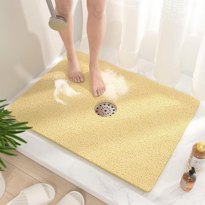 HITSLAM Shower Mat, 32 x 24 Inch Non Slip Bath Mat for Tub, Soft PVC Loofah Bathtub Mats with Drain Holes, Quick Drying Bathroom Stall Floor Mat, Bathroom Accessories Without Suction Cup, Beige