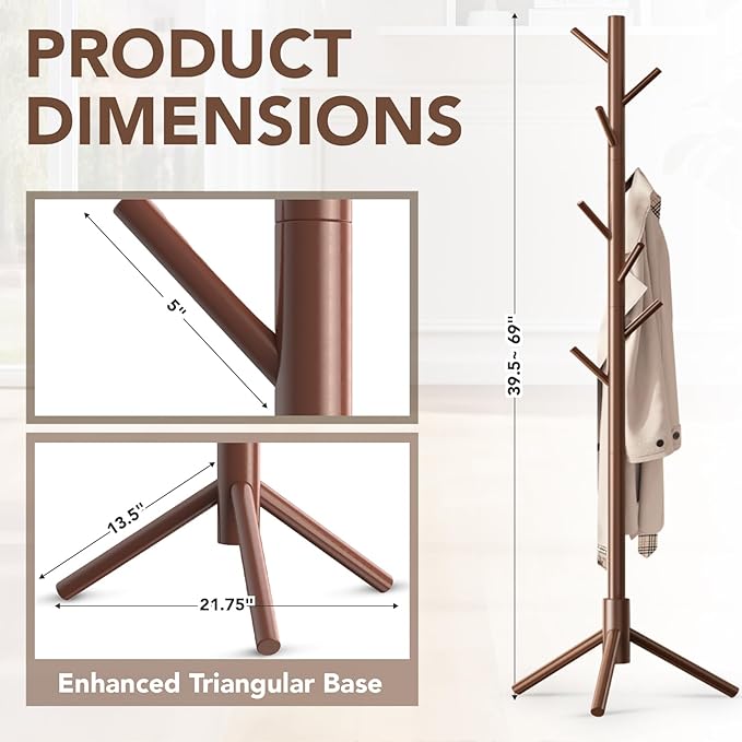 Hupmad Wooden Tree Coat Rack Stand,Sturdy Freestanding Coat Rack with 8 Hooks,3 Adjustable Height for Child Adult,Wood Coat Stand Tree Fits Entryway Bedroom Office for Bags,Hats, 2 Pack