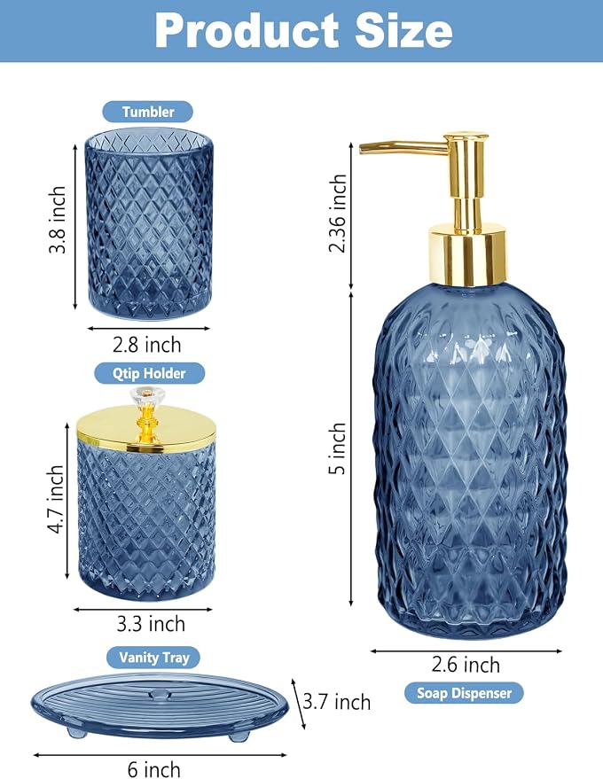 Haturi Blue Bathroom Accessories Set, 4Pcs Glass Bathroom Accessory Set Complete w/Lotion Soap Dispenser, Toothbrush Holder, Qtip Holder, Soap Dish, Blue Bathroom Decor Sets, Gift for Home Apartment