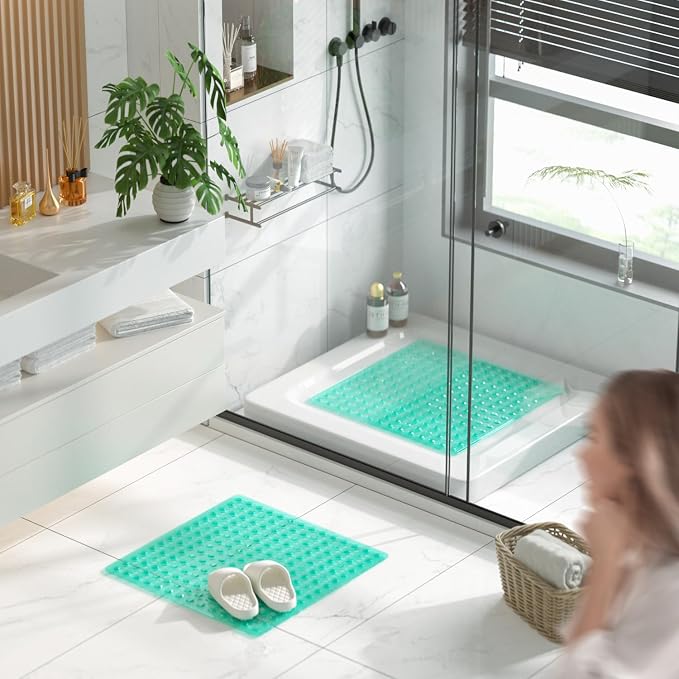 HITSLAM Shower Mat Anti Slip, Square Bath Mat for Tub Non Slip with Suction Cups and Drain Holes, 21x21 Inch Bathroom Shower Stall Floor Mat, Machine Washable, Soft on Feet, Green