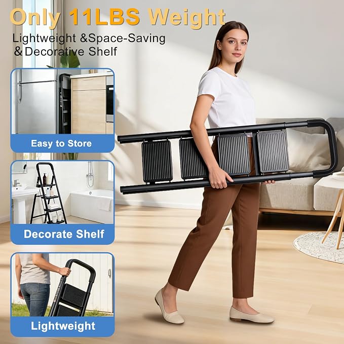 4 Step Ladder Folding Step Stool with Handrail 500LBS Capacity Sturdy Carbon Steel Frame Anti-Slip Pedal & Feet Portable for Home Kitchen Garage Bathroom (black-4step)