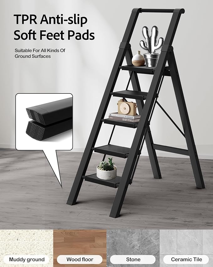 5 Step Ladder, Lightweight Folding Step Stool withConvenient Handgrip,Aluminum 330lbs Capacity Step Ladderfor Office,Household,Kitchen(Black)