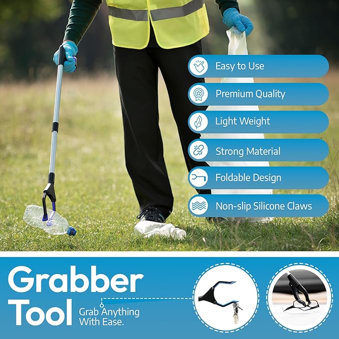 FitPlus 2024 Upgrade PowerGrip T9, Grabber Reacher Tool, Wide Jaw, Foldable, Steel Cable, with 96 Grip Points for Firm Grip, 32" with Magnet (Black, 32 Inch)