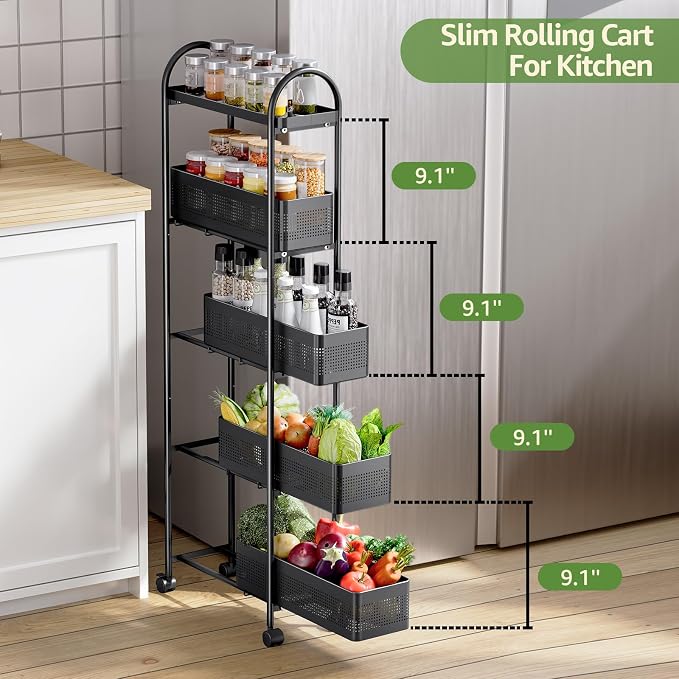 KINGRACK Slim Storage Cart with Drawer, 5-Tier Rolling Utility Cart on Wheels, Narrow Metal Cart for Space Save, Easy Assembly for Kitchen Cart, Craft Cart, Laundry, Bathroom, Nursery Organizer