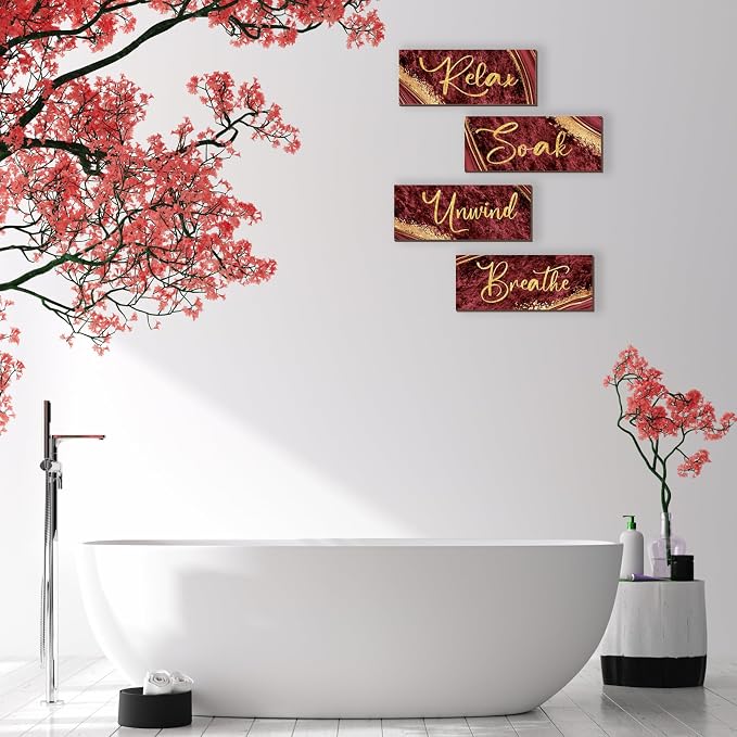 ONIZHITY 4 Pcs Red and Gold Bathroom Decor Red Gold Wall Decor Relax Soak Unwind Breathe Wooden Rustic Red Marble Style Bathroom Accessories for Bedroom Living Room Office Decor (10X4)