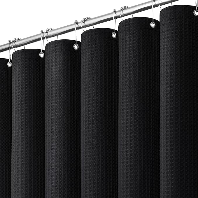 Dynamene Black Fabric Shower Curtain, Waffle Weave Heavy Duty Thick Fabric Shower Curtains for Bathroom, 256GSM Weighted Hotel Luxury Cloth Shower Curtain Set with 12 Plastic Hooks, 72Wx72H, Black