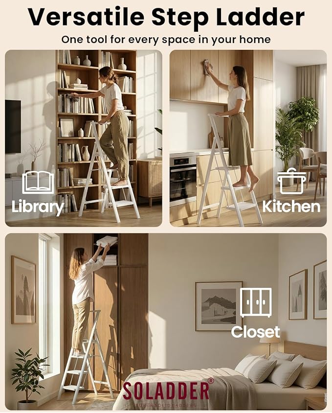 SOLADDER 4 Step Ladder with Handrails, Anti-Slip and Foldable Step Stool with Widen Pedals, Portable Stepladders for Home, Kitchen and Indoor, Space Saving -300lbs (White)