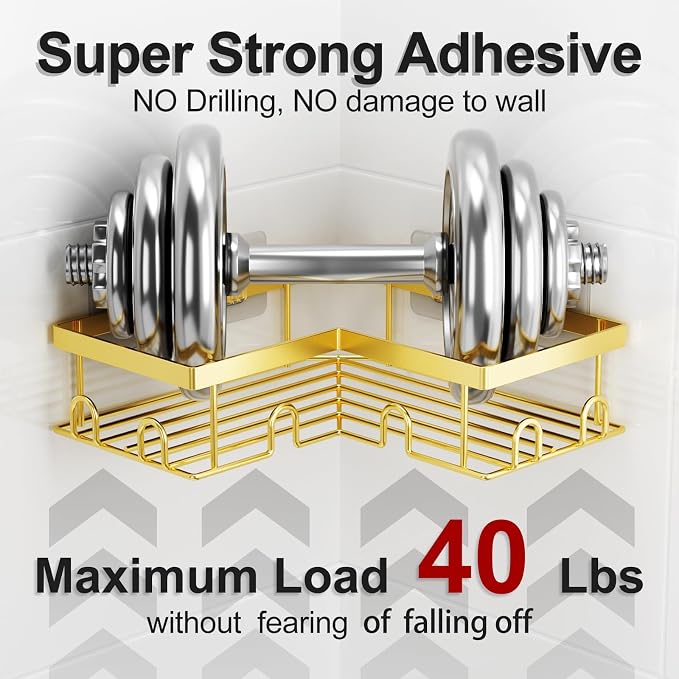Liuoud Corner Shower Caddy 5 Pack, Rustproof Stainless Steel Shower Organizer with Soap Rack Toothbrush Holder, Large Capacity Adhesive No Drilling Bathroom Kitchen&Home Decor Set, Gold