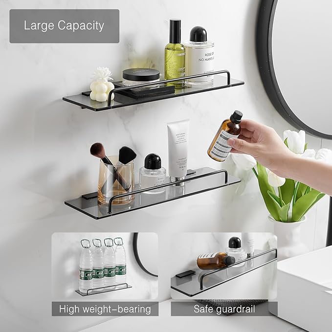 Voldra Glass Shelf for Bathroom, 2 Pack Adhesive Shower Shelves for Inside Shower No Drilling, Tempered Glass Showers Organizer with Guardrail Bathroom Shelf Storage Rack (Black)