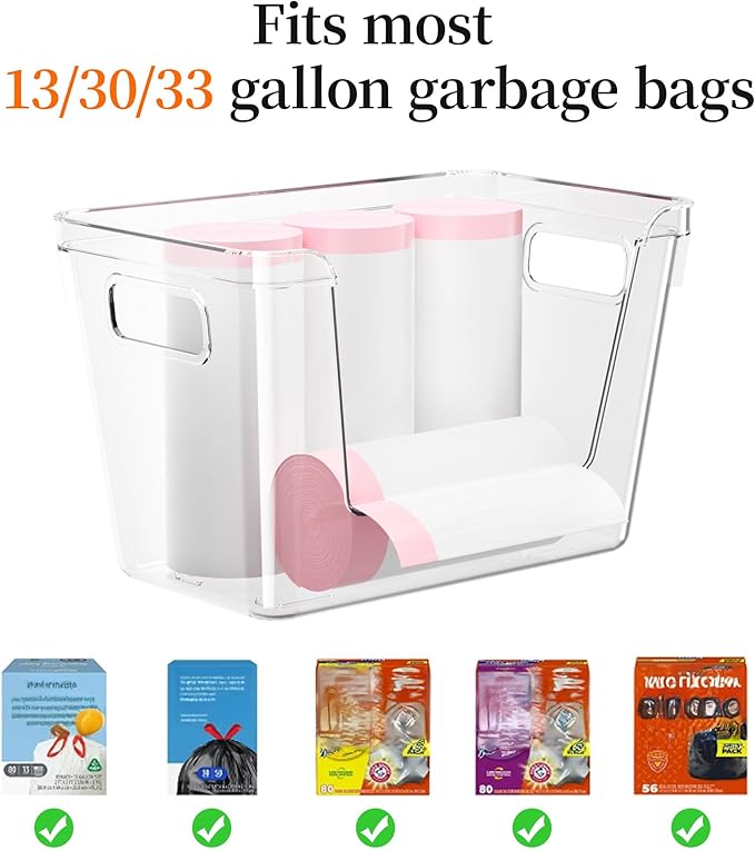 Delamu Acrylic Trash Bag Holder, 2 Pack Stackable Garbage Holder for 4-33 Gallon Bags, Clear Organizer Bins for Under Sink Organization, Pantry Storage, Cabinet, Kitchen, Laundry, Bathroom