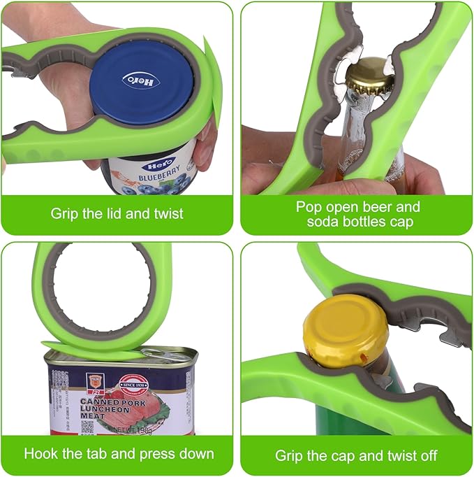 6 in 1 Lids off Jar Opener, Bottle Opener for Weak Hands, Seniors, Arthritis, Women, Kids - Multipurpose Kitchen Tool, Easy open. & Non Slip Rubber Jar opener Gripper Pad, Green