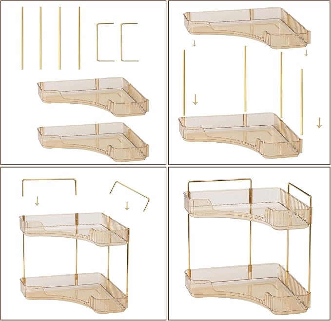 shuang qing 2-Tier Corner Bathroom Counter Organizer – Classic Storage Shelf for Makeup, Perfume & Toiletries, Space-Saving Countertop Tray Fits Bathroom, Dresser, Kitchen (Vintage Gold)
