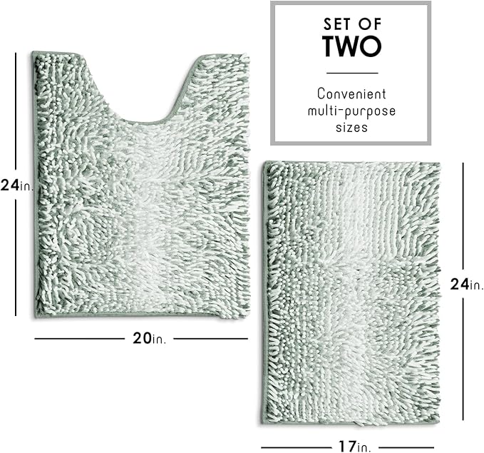 Hearth & Harbor Bathroom Rugs, Chenille Bath Mat - Machine Washable Bath Mats for Bathroom Non-Slip Backing Rubber, Quick Dry Bathroom Mat, 17 x 24 + 20 x 24 - Ombre Green