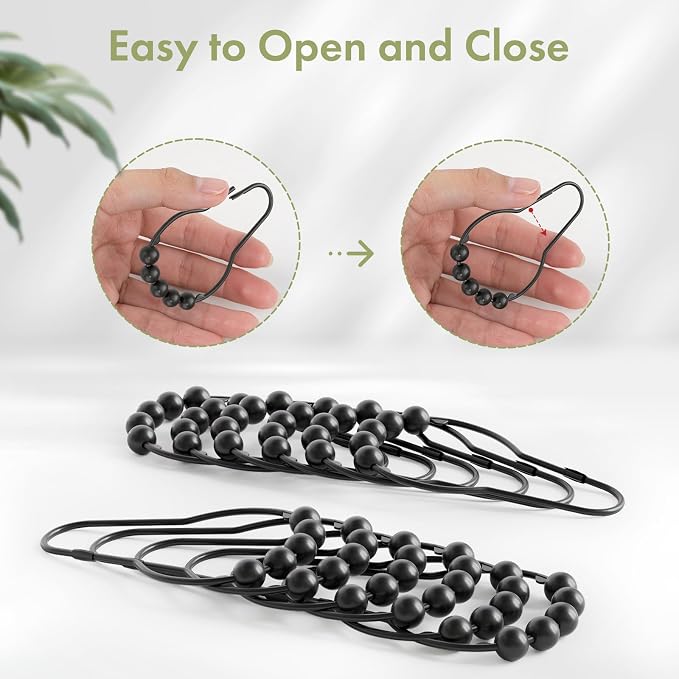 Amazer Shower Curtain Hooks, Decorative Rust Proof Stainless Steel Shower Curtain Hooks for Bathroom Shower Rods Set of 24, Matte Black