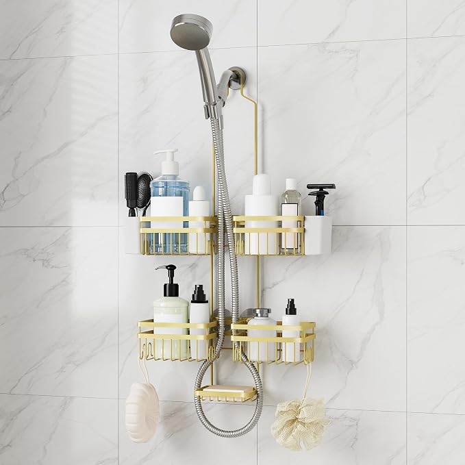 Shower Caddy Hanging for Bathroom Organizers and Storage - 3-Tier Adjustable Anti-Swing Shower Organizer Hanging with Heavy-Duty Suction Cups, Damage-Free Rustproof (Gold)