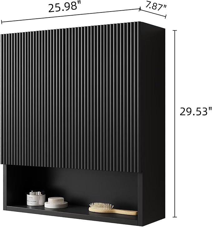 USHOWER Black Bathroom Wall Cabinet, Thickened MDF Medicine Cabinet with 2 Fluted Doors & Open Shelf, Over the Toilet Storage Cabinet for Laundry Room, Living Room, Kitchen, Wall Mounted