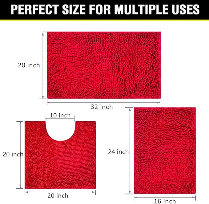 BOANKODU Bathroom Rugs Chenille 3-Piece Extra Soft and Absorbent Shag Bathroom Rugs, Machine Wash Mat, Strong PVC Non-Slip Underside, Plush Carpet Mats (Red)