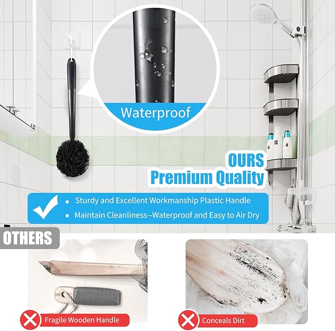 VANZAVANZU Loofah Sponge Set Loofah Exfoliating Body Scrubber, Anti-Slip Plastic 17" Handle Loofah on a Stick with Fluffy Shower Sponge, PE Soft Mesh Shower Loofahs-Black