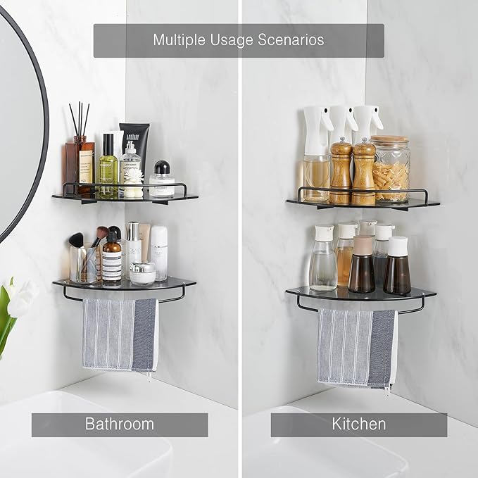 Voldra Glass Corner Shower Caddy, 2 Pack Adhesive Corner Shower Shelves for Inside Shower No Drilling, Tempered Glass Bathroom Corner Shelf with Guardrail Bathroom Shower Organizer Storage Rack(Black)