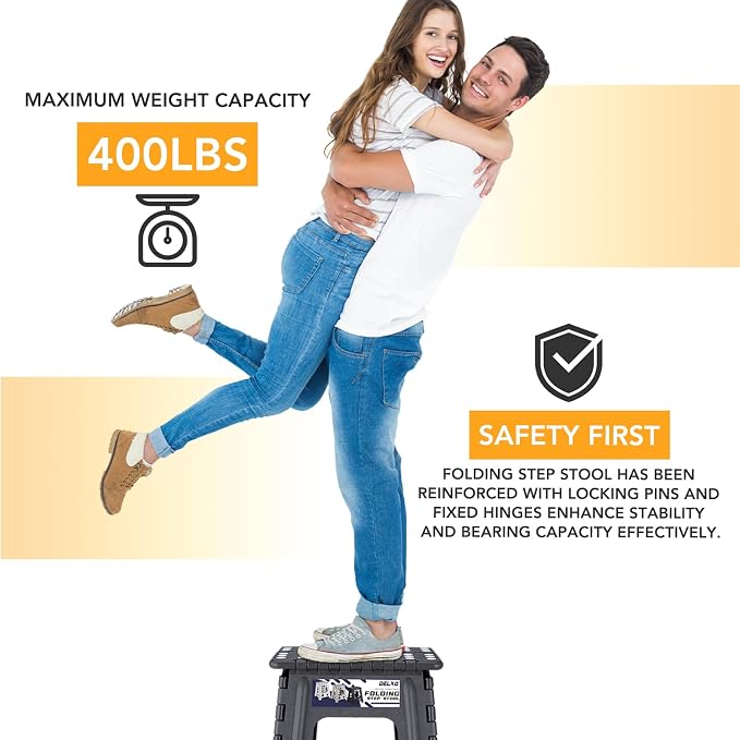 Delxo 16 Inch Folding Step Stool,Foldable Stool for Adults with Safety Lock,Portable Collapsible Plastic Stepstool,Non Slip Folding Stools for Kitchen Bathroom Bedroom Up to 400LBS,(Dark Grey 1PC)