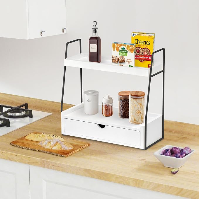 2-Tier Bathroom Organizer Countertop with Drawer, Wood Counter Organizer for Bathroom Decor, Sink Shelf for Vanity Storage, Makeup Tray for Perfume Skincare, Spice Rack Bedroom Kitchen Corner ﻿
