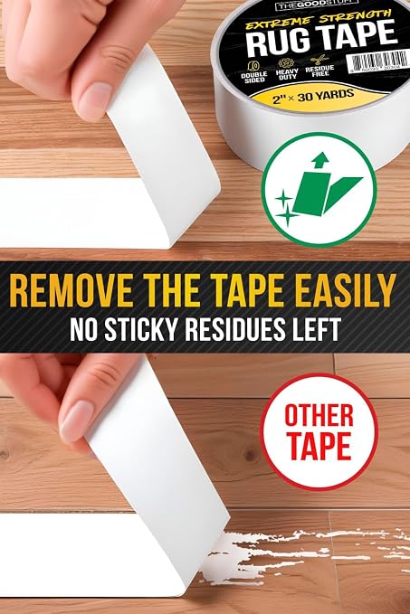 The Good Stuff Double Sided Carpet Tape [2"x10yd] - Heavy-Duty Rug Gripper Tape - Strong Non-Slip Rug Tape for carpet, hardwood floors, Vinyl, Area Rugs, Tiles, and Concrete - No Residue, Easy Removal