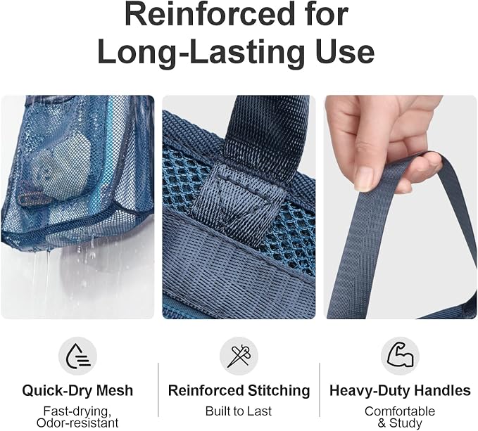 F-color Mesh Shower Caddy Portable Hanging - 3 Pockets Small Shower Bag Tote for Camping, Gym, Travel, Toiletry, Quick Dry Bathroom Essentials with S Hook, Navy Blue
