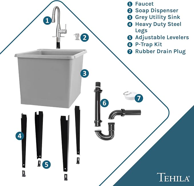 Grey Space Saver Utility Sink by JS Jackson Supplies, Freestanding Tehila Space Saving Laundry Tub, Stainless Pull-Down Faucet, Soap Dispenser
