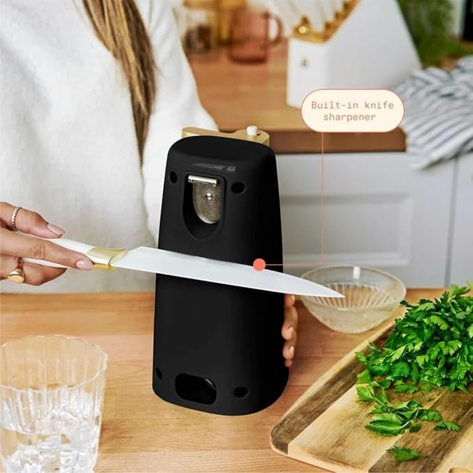 Bayfalcon LLC Electric Can Opener with One-Touch Operation, Smooth Rotation, Built-In Lid Magnet, Compact Countertop Design, Easy-Prep Kitchen Tool in White and Gold Finish (Black Sesame)