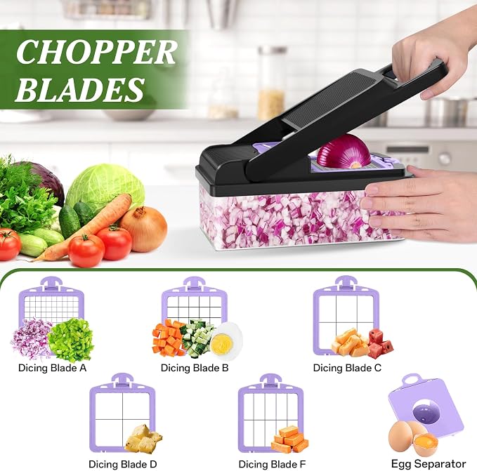 HomeHacks Vegetable Chopper Vegetable Cutter, 15 in 1 Kitchen Gadget, Dicer, Slicer, Onion Cutter, Salad, Cheese Grater & Egg Separator - Multi-Functional Veggie Chopper Lid with Handle (Purple)